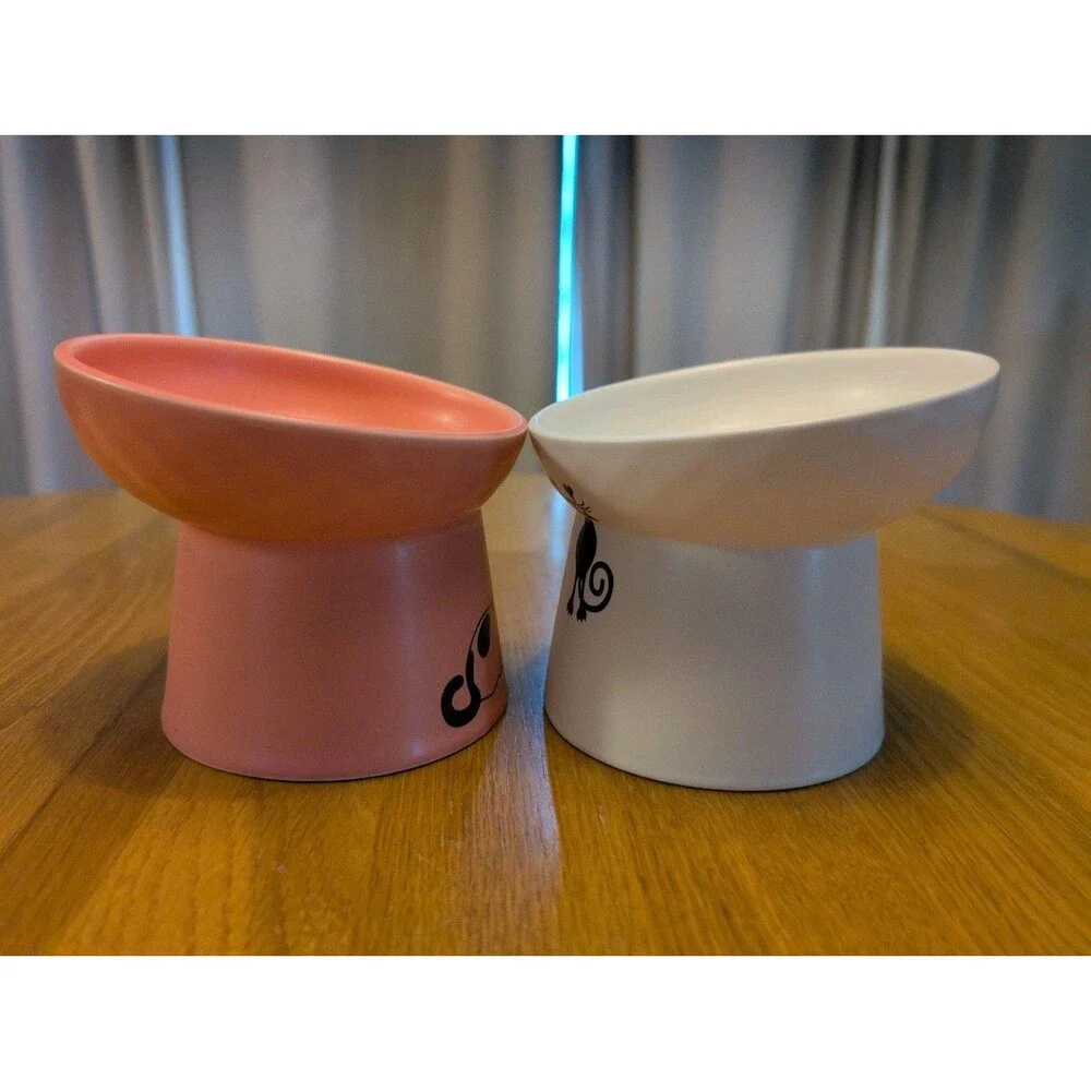 Cat Food Bowl Set Tilted Elevated White & Pink Ceramic Cute!! 5